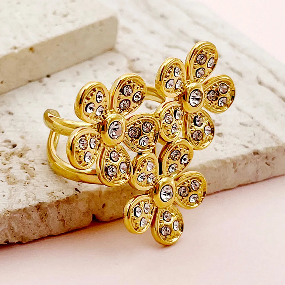 Elegant Sweet Artistic Flower Stainless Steel Plating Inlay Zircon Gold Plated Open Rings