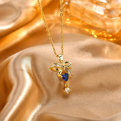 Elegant Sweet Bow Knot Copper Inlay Zircon 18k Gold Plated Pendant Necklace