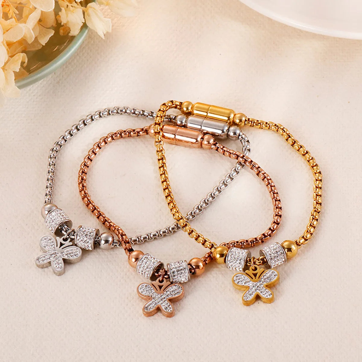 Elegant Sweet Butterfly Titanium Steel Plating Inlay Rhinestones Bracelets