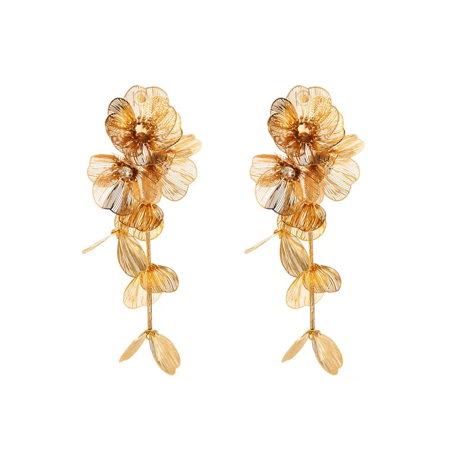 1 Pair Elegant Sweet Flower Plating Inlay Alloy Metal Rhinestones Gold Plated Drop Earrings