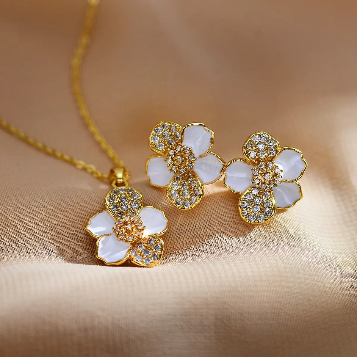 Elegant Sweet Flower Copper Inlay Zircon Earrings Necklace