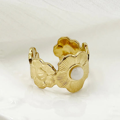 304 Stainless Steel 14K Gold Plated Elegant Sweet Plating Inlay Flower Natural Stone Rings