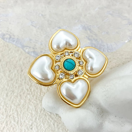 Elegant Sweet Flower Stainless Steel Plating Inlay Pearl Gold Plated Open Rings