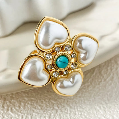 Elegant Sweet Flower Stainless Steel Plating Inlay Pearl Gold Plated Open Rings