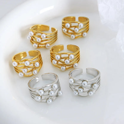 Elegant Sweet Geometric Titanium Steel Water Ripples Plating Inlay Artificial Pearls 18k Gold Plated Open Ring Wave Ring