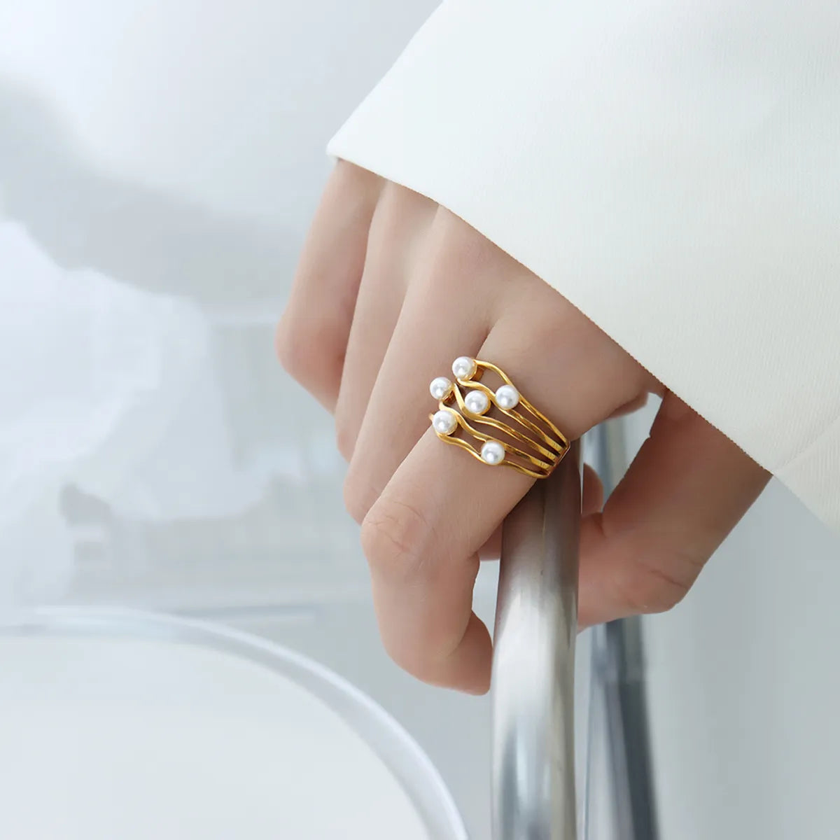 Elegant Sweet Geometric Titanium Steel Water Ripples Plating Inlay Artificial Pearls 18k Gold Plated Open Ring Wave Ring