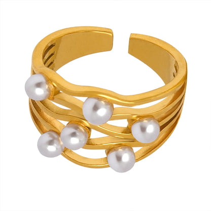 Elegant Sweet Geometric Titanium Steel Water Ripples Plating Inlay Artificial Pearls 18k Gold Plated Open Ring Wave Ring