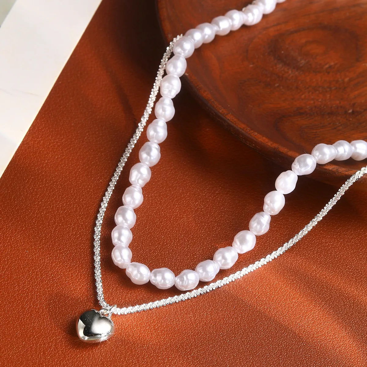 Elegant Sweet Heart Shape Alloy Beaded Unisex Double Layer Necklaces