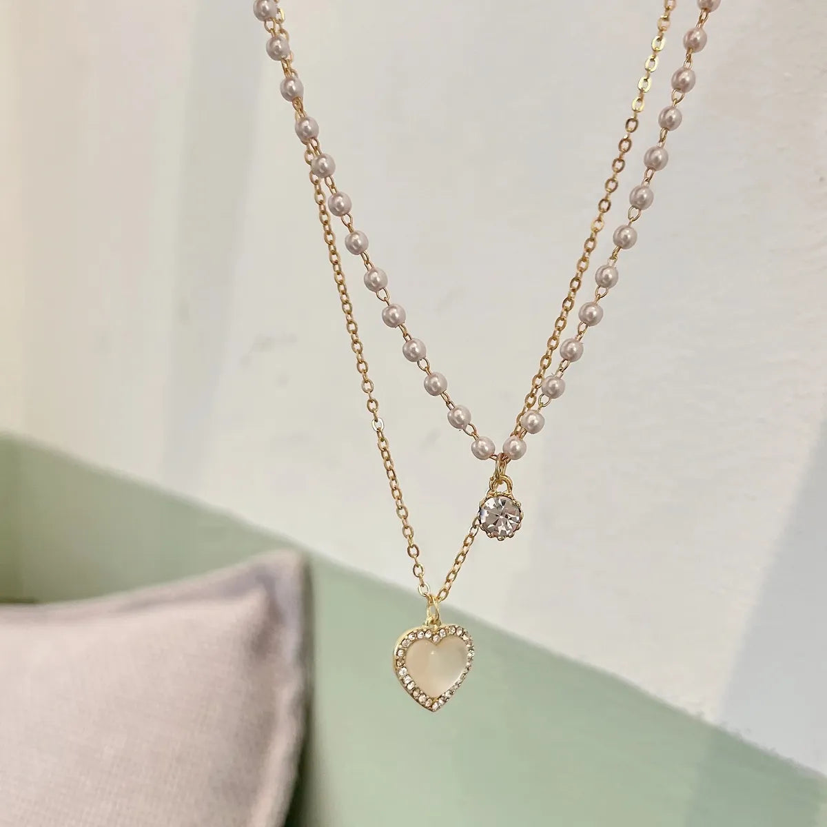 Elegant Sweet Heart Shape Alloy Plating Inlay Artificial Pearls Zircon Women's Layered Necklaces