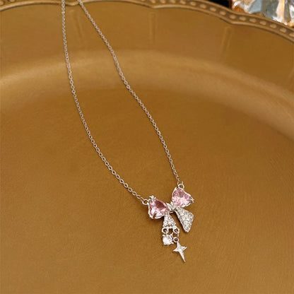 Elegant Sweet Heart Shape Bow Knot Copper Inlay Zircon Pendant Necklace