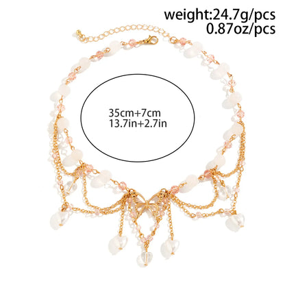 Elegant Sweet Heart Shape Butterfly Imitation Pearl Alloy Agate Crystal Tassel Chain Crystal Agate Women's Choker