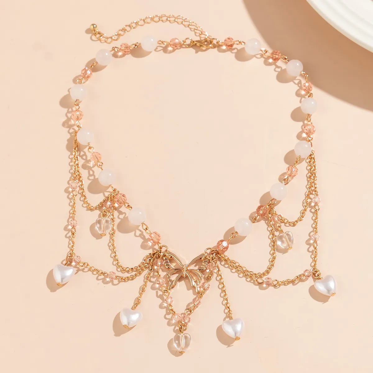 Elegant Sweet Heart Shape Butterfly Imitation Pearl Alloy Agate Crystal Tassel Chain Crystal Agate Women's Choker