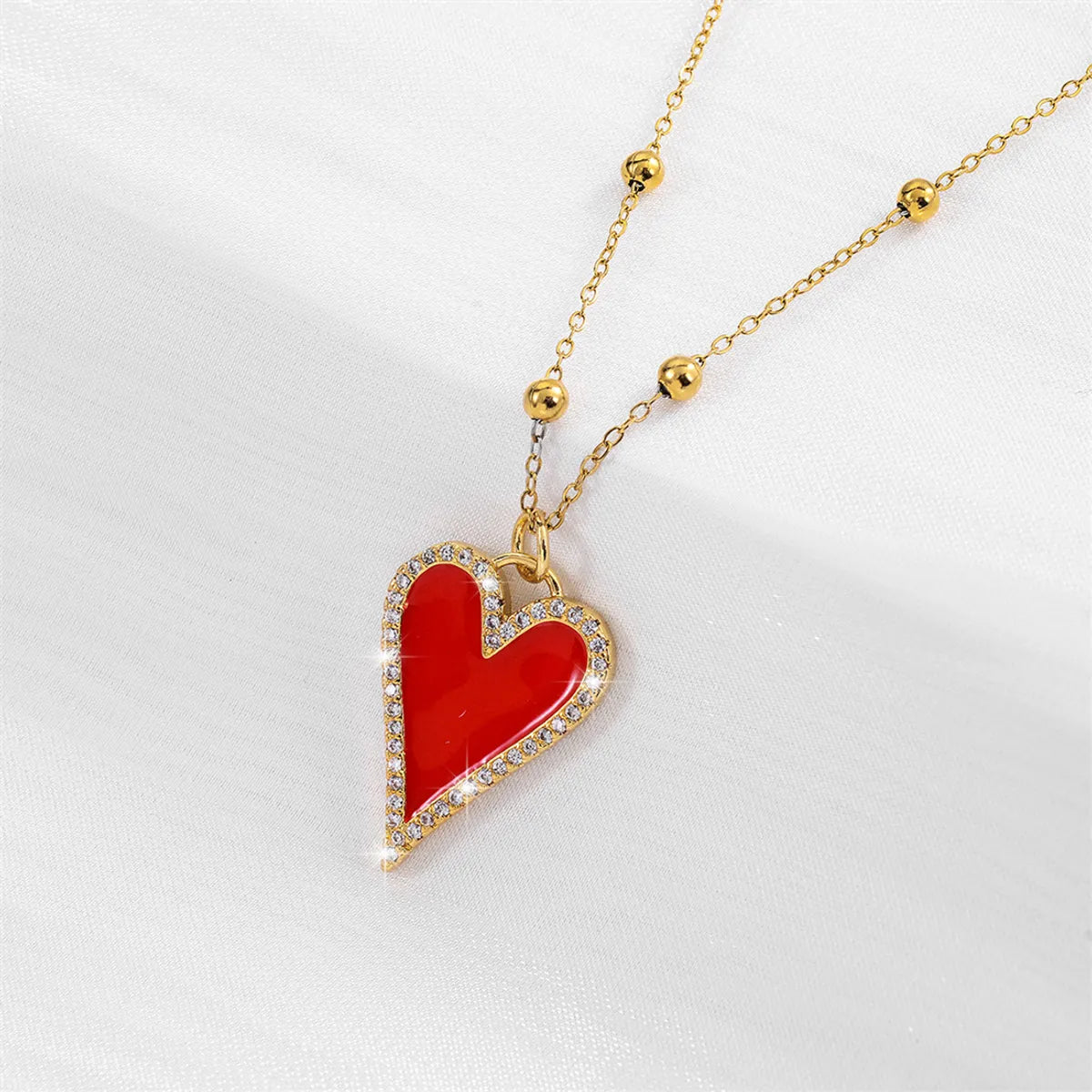 Elegant Sweet Heart Shape Copper Enamel Inlay Zircon 18k Gold Plated Pendant Necklace