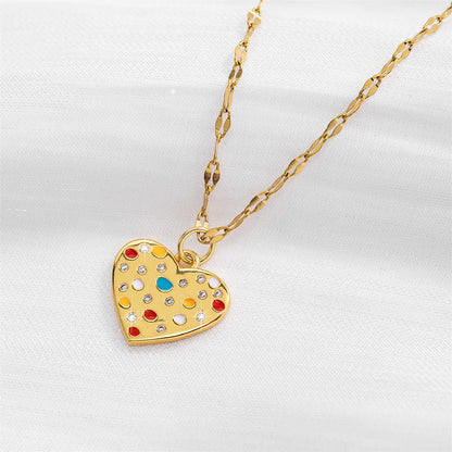 Elegant Sweet Heart Shape Copper Enamel Inlay Zircon 18k Gold Plated Pendant Necklace