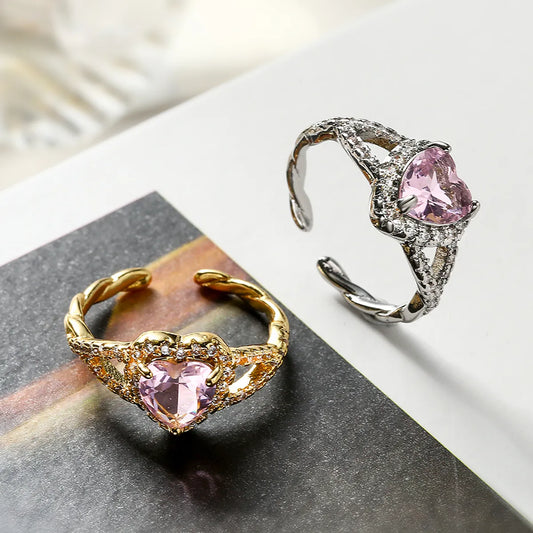 Elegant Sweet Heart Shape Copper 18k Gold Plated Zircon Open Rings In Bulk