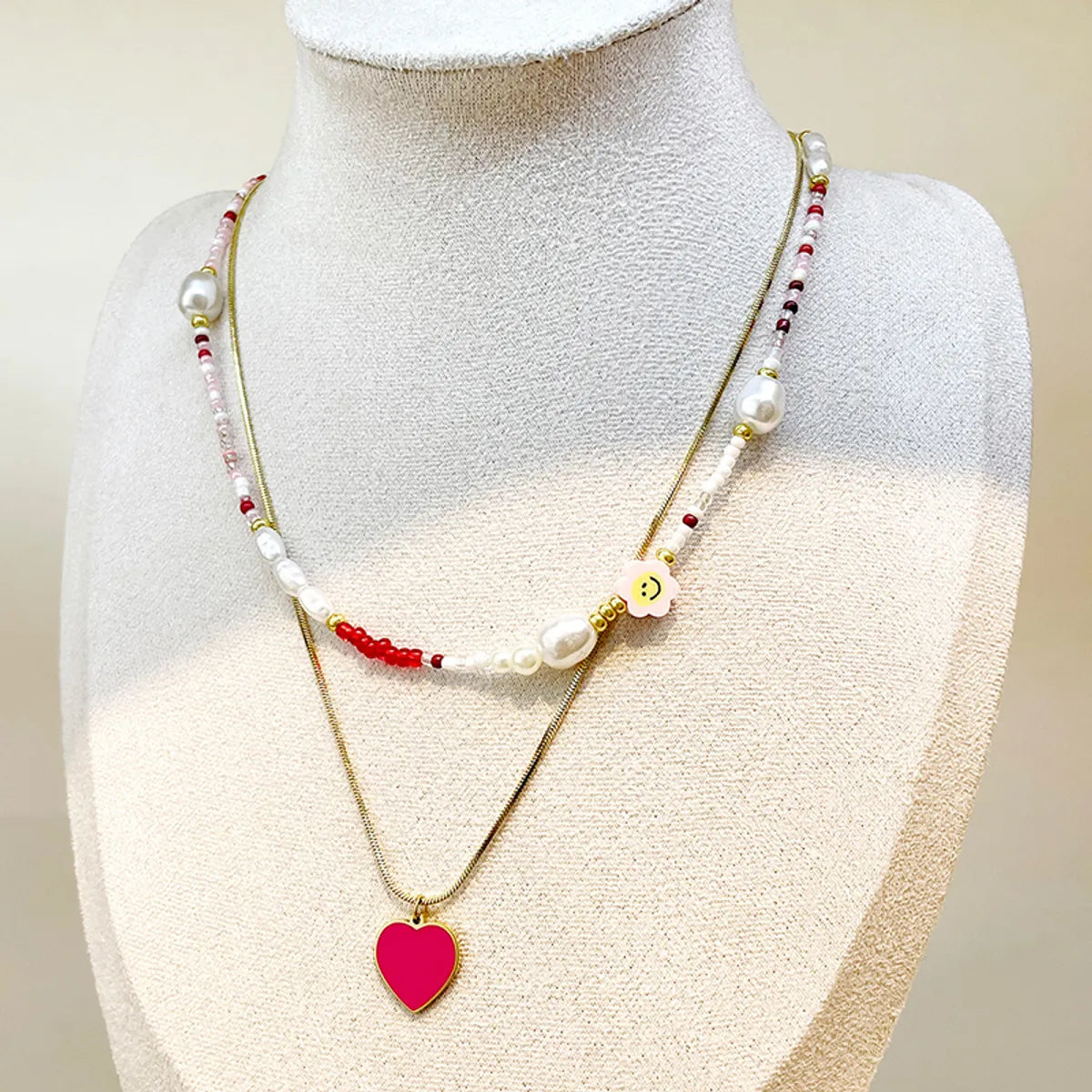 Elegant Sweet Heart Shape Stainless Steel Beaded Enamel Plating Gold Plated Double Layer Necklaces