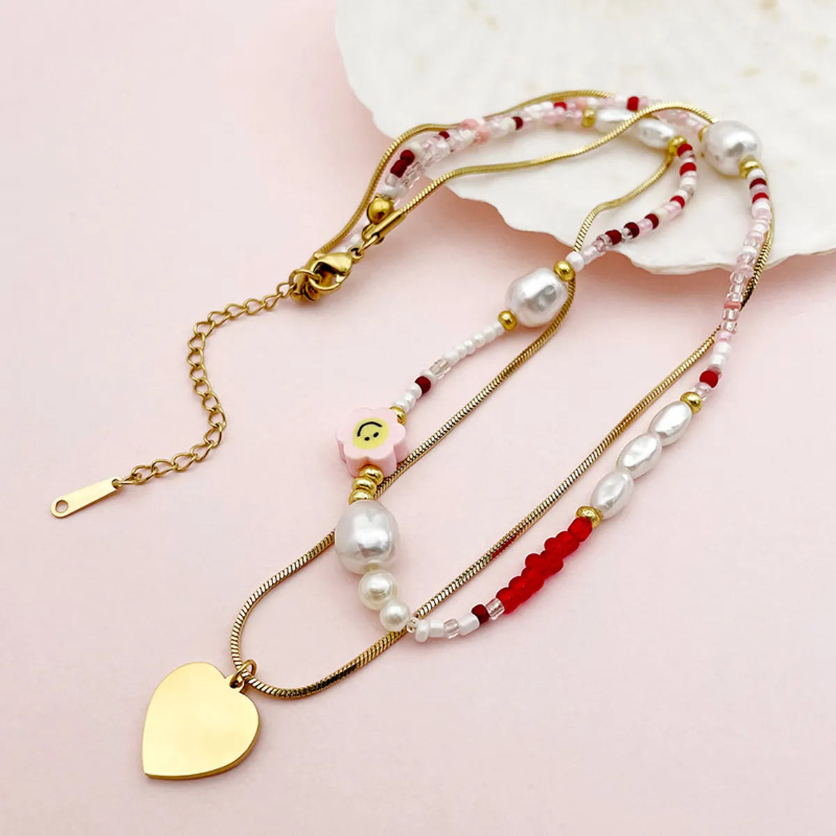 Elegant Sweet Heart Shape Stainless Steel Beaded Enamel Plating Gold Plated Double Layer Necklaces