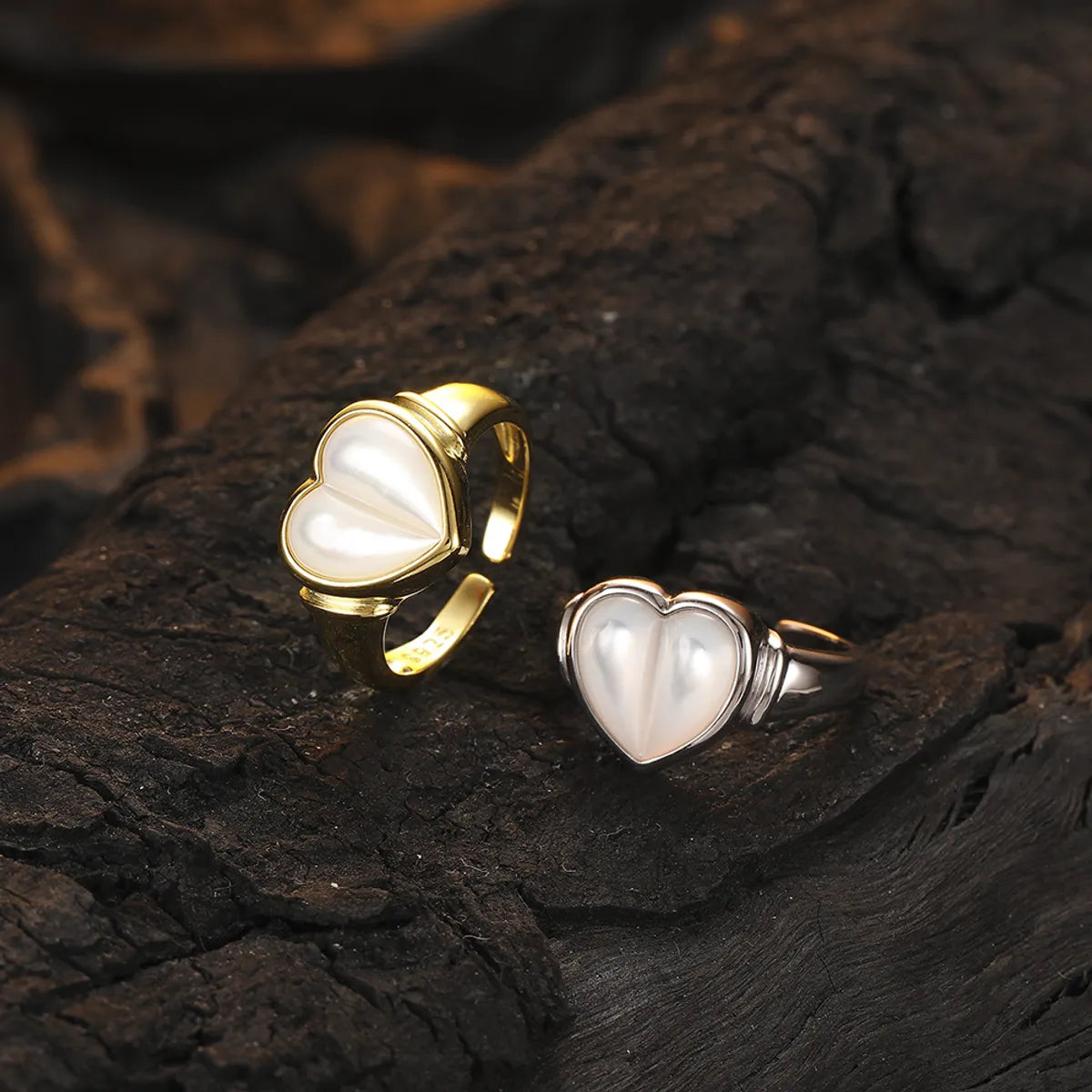 Elegant Sweet Heart Shape Sterling Silver Plating Inlay Shell 24k Gold Plated White Gold Plated Women's Open Rings