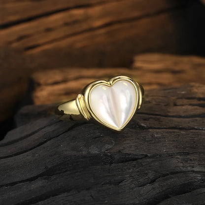 Elegant Sweet Heart Shape Sterling Silver Plating Inlay Shell 24k Gold Plated White Gold Plated Women's Open Rings