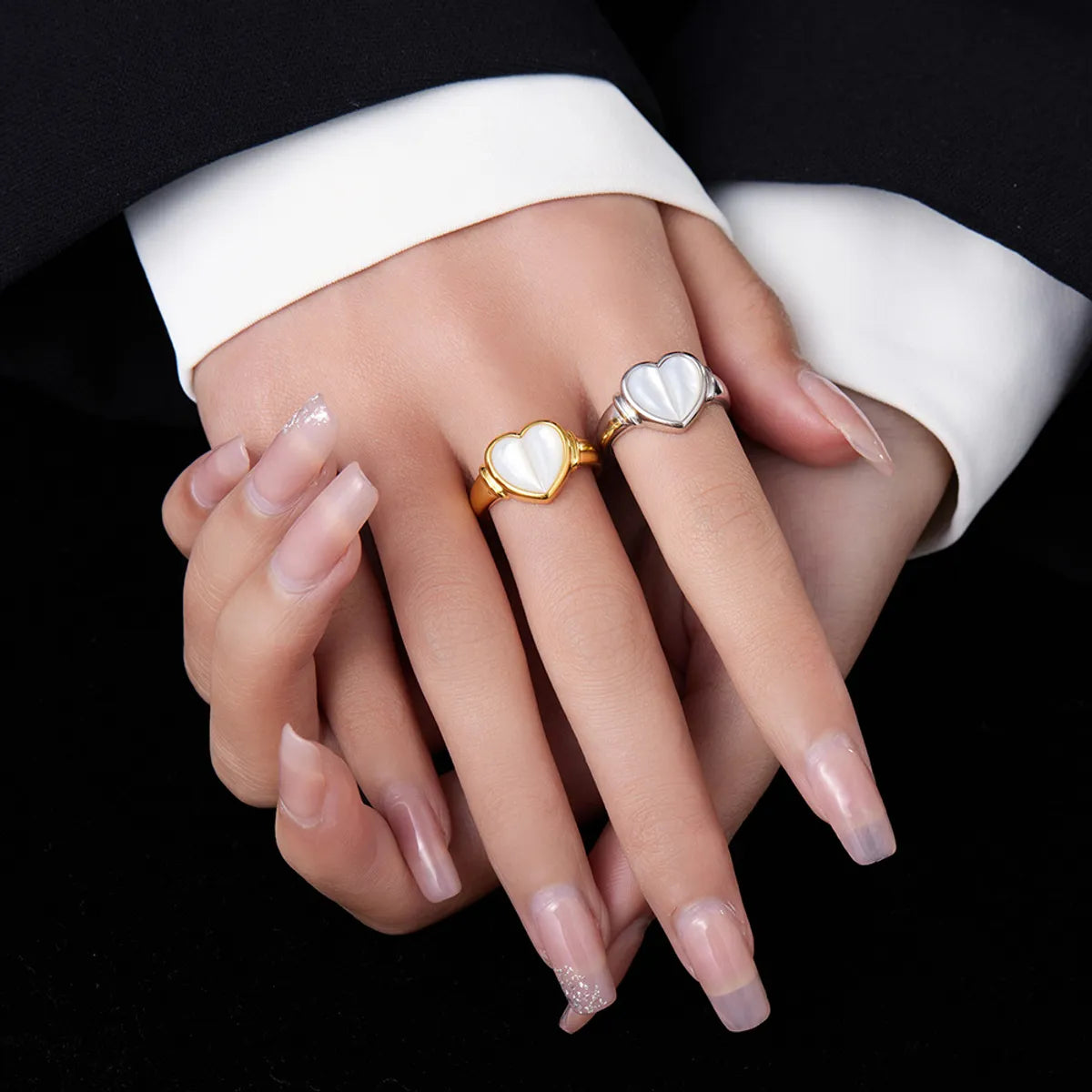 Elegant Sweet Heart Shape Sterling Silver Plating Inlay Shell 24k Gold Plated White Gold Plated Women's Open Rings