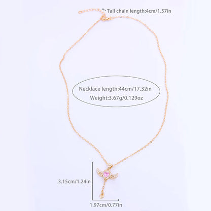 Elegant Sweet Heart Shape Wings Copper 18k Gold Plated Zircon Pendant Necklace In Bulk