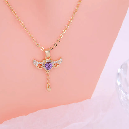 Elegant Sweet Heart Shape Wings Copper 18k Gold Plated Zircon Pendant Necklace In Bulk