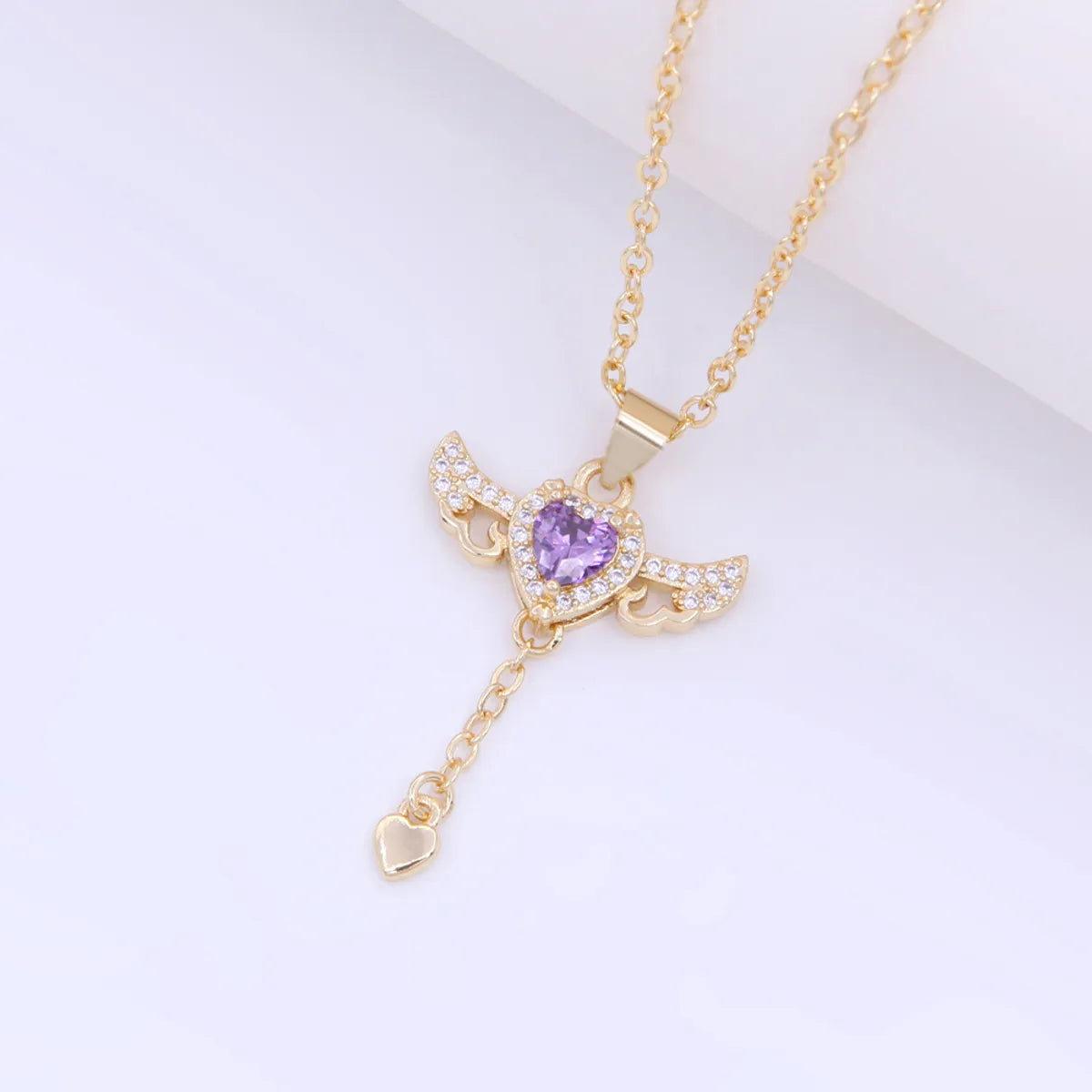 Elegant Sweet Heart Shape Wings Copper 18k Gold Plated Zircon Pendant Necklace In Bulk