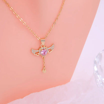 Elegant Sweet Heart Shape Wings Copper 18k Gold Plated Zircon Pendant Necklace In Bulk