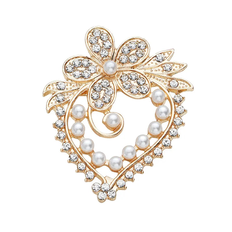 Elegant Sweet Shiny Heart Shape Flower Alloy Inlay Rhinestones Pearl Women'S Brooches