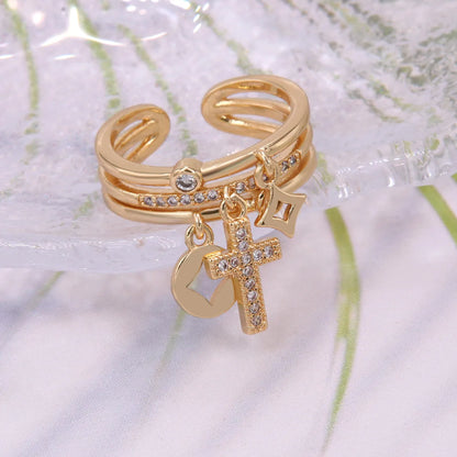 Elegant Sweet Simple Style Cross Copper Plating Hollow Out Inlay Zircon 18k Gold Plated Open Rings