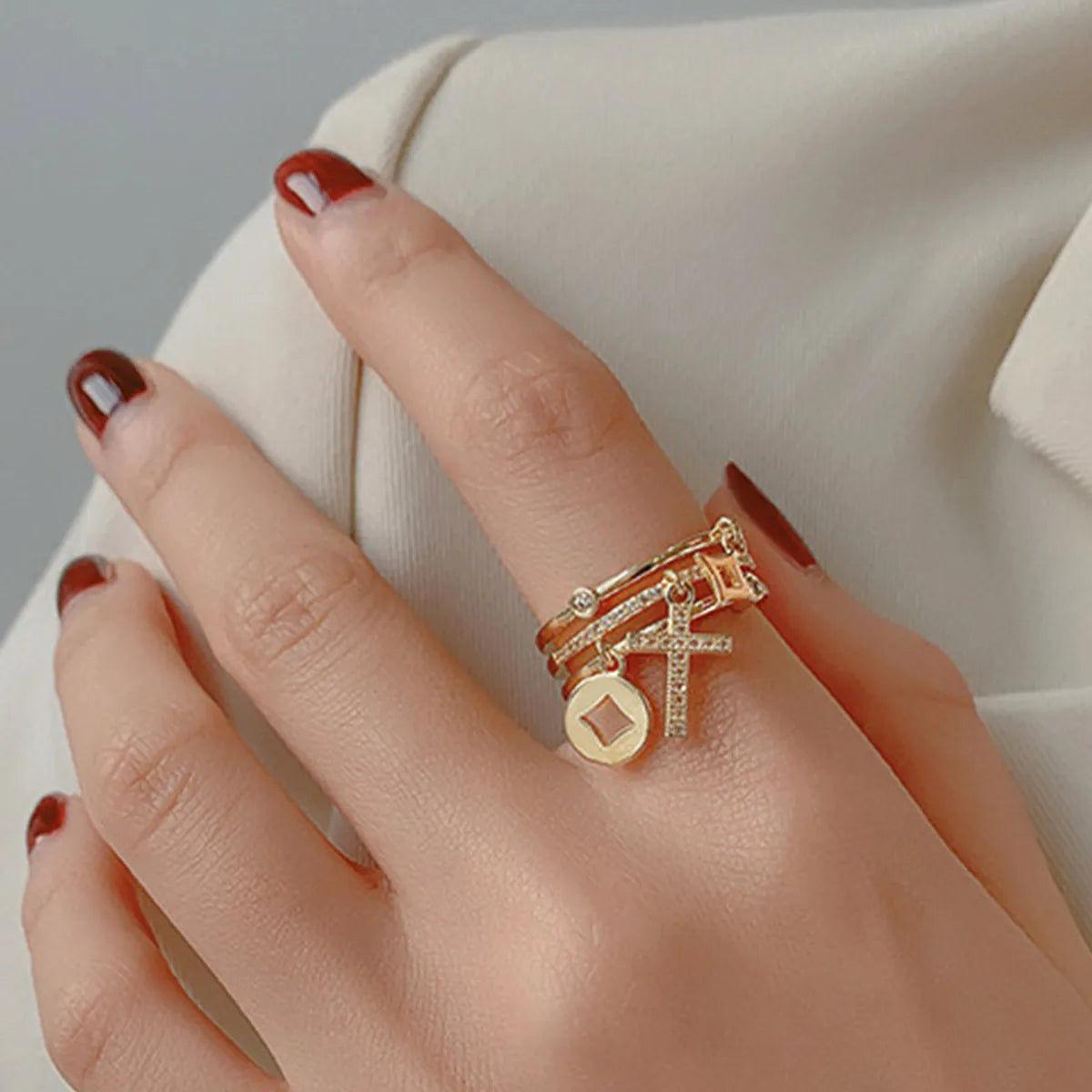 Elegant Sweet Simple Style Cross Copper Plating Hollow Out Inlay Zircon 18k Gold Plated Open Rings