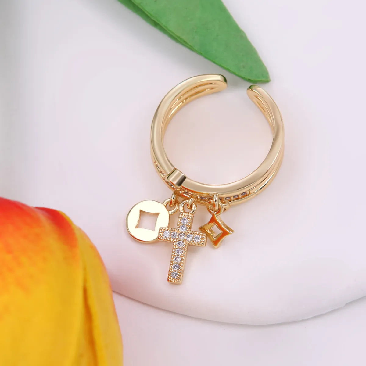 Elegant Sweet Simple Style Cross Copper Plating Hollow Out Inlay Zircon 18k Gold Plated Open Rings