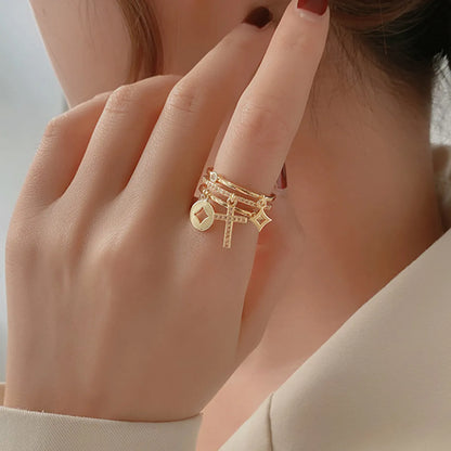 Elegant Sweet Simple Style Cross Copper Plating Hollow Out Inlay Zircon 18k Gold Plated Open Rings