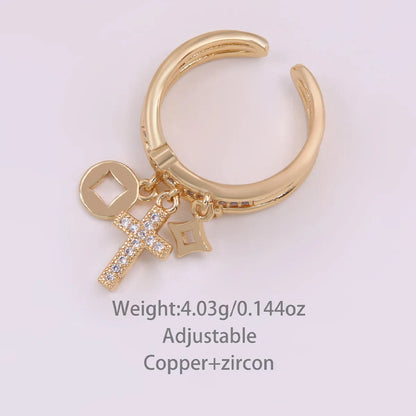 Elegant Sweet Simple Style Cross Copper Plating Hollow Out Inlay Zircon 18k Gold Plated Open Rings