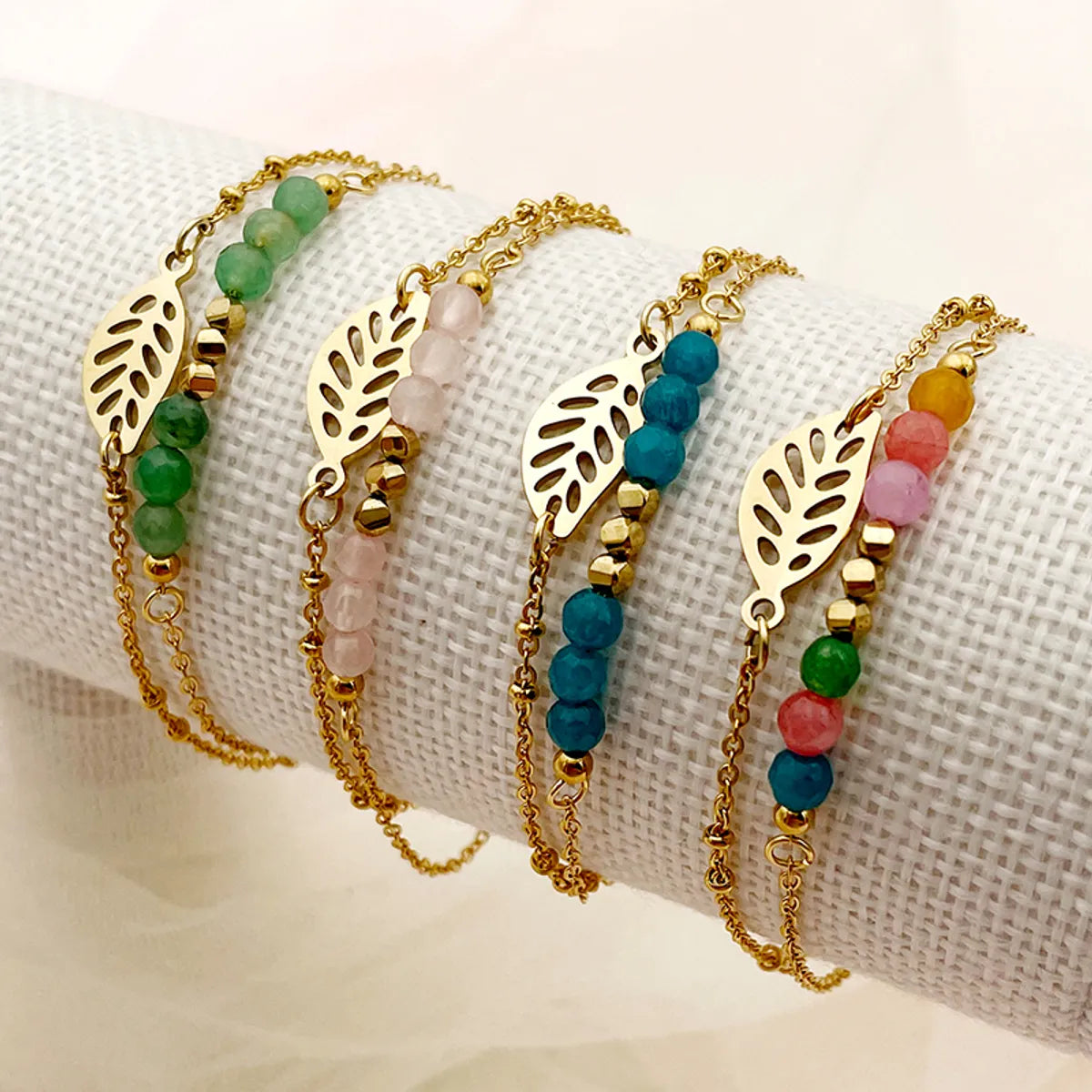 Elegant Sweet Simple Style Leaves Stainless Steel Artificial Crystal Beaded Layered Plating Gold Plated Bracelets