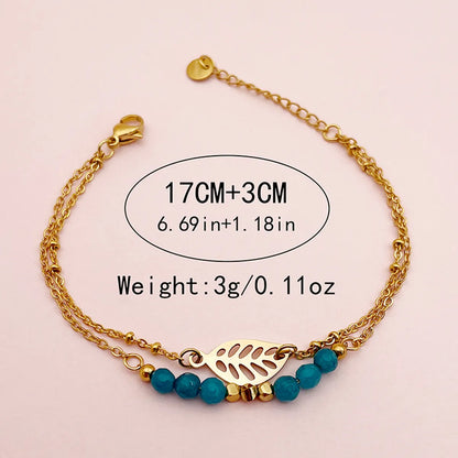 Elegant Sweet Simple Style Leaves Stainless Steel Artificial Crystal Beaded Layered Plating Gold Plated Bracelets