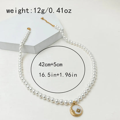 Elegant Sweet Star Moon Stainless Steel Enamel Pearl Plating Pendant Necklace