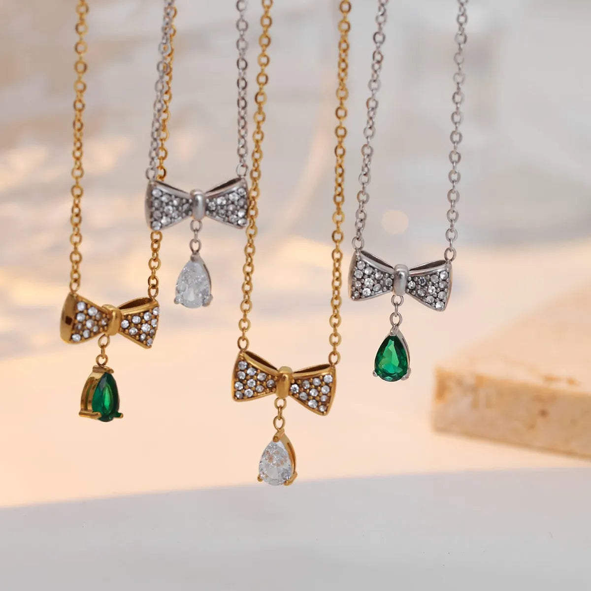 Elegant Sweet Water Droplets Bow Knot Stainless Steel Plating Inlay Zircon White Gold Plated Gold Plated Pendant Necklace