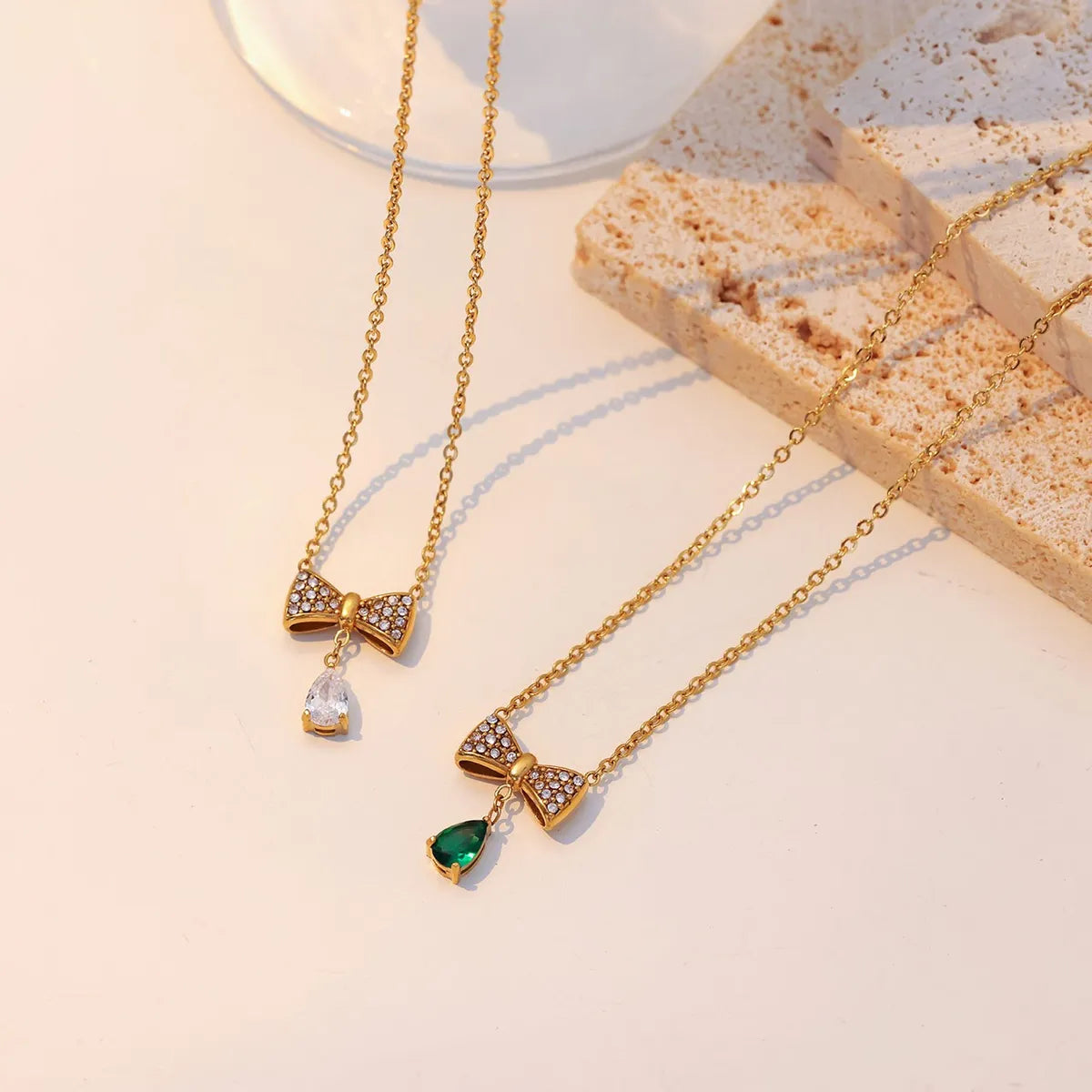 Elegant Sweet Water Droplets Bow Knot Stainless Steel Plating Inlay Zircon White Gold Plated Gold Plated Pendant Necklace