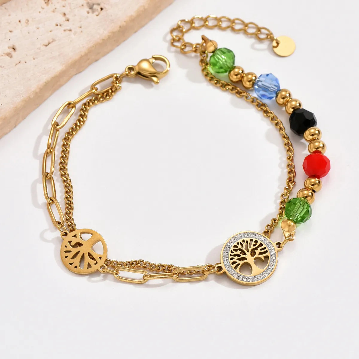 Elegant Tree Stainless Steel Beaded Inlay Artificial Crystal Rhinestones 14k Gold Plated Bracelets