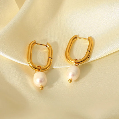 Elegant U Shape Stainless Steel Drop Earrings Pearl Gold Plated Stainless Steel Earrings