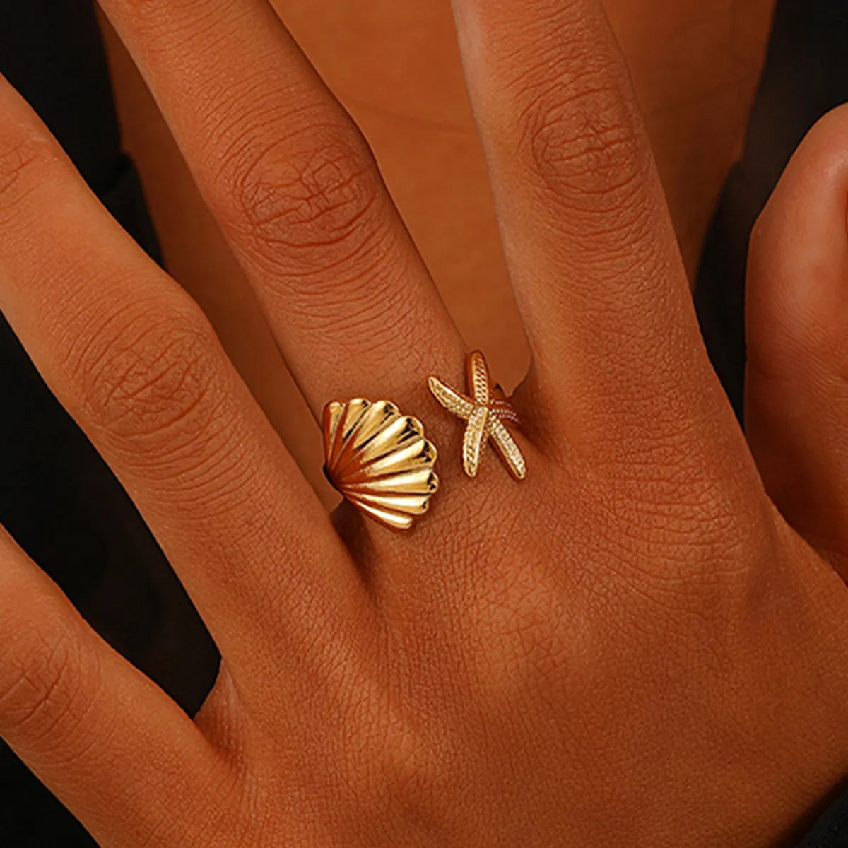 Elegant Vacation Beach Starfish Shell 304 Stainless Steel 18K Gold Plated Open Rings In Bulk