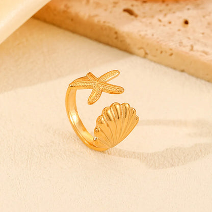 Elegant Vacation Beach Starfish Shell 304 Stainless Steel 18K Gold Plated Open Rings In Bulk