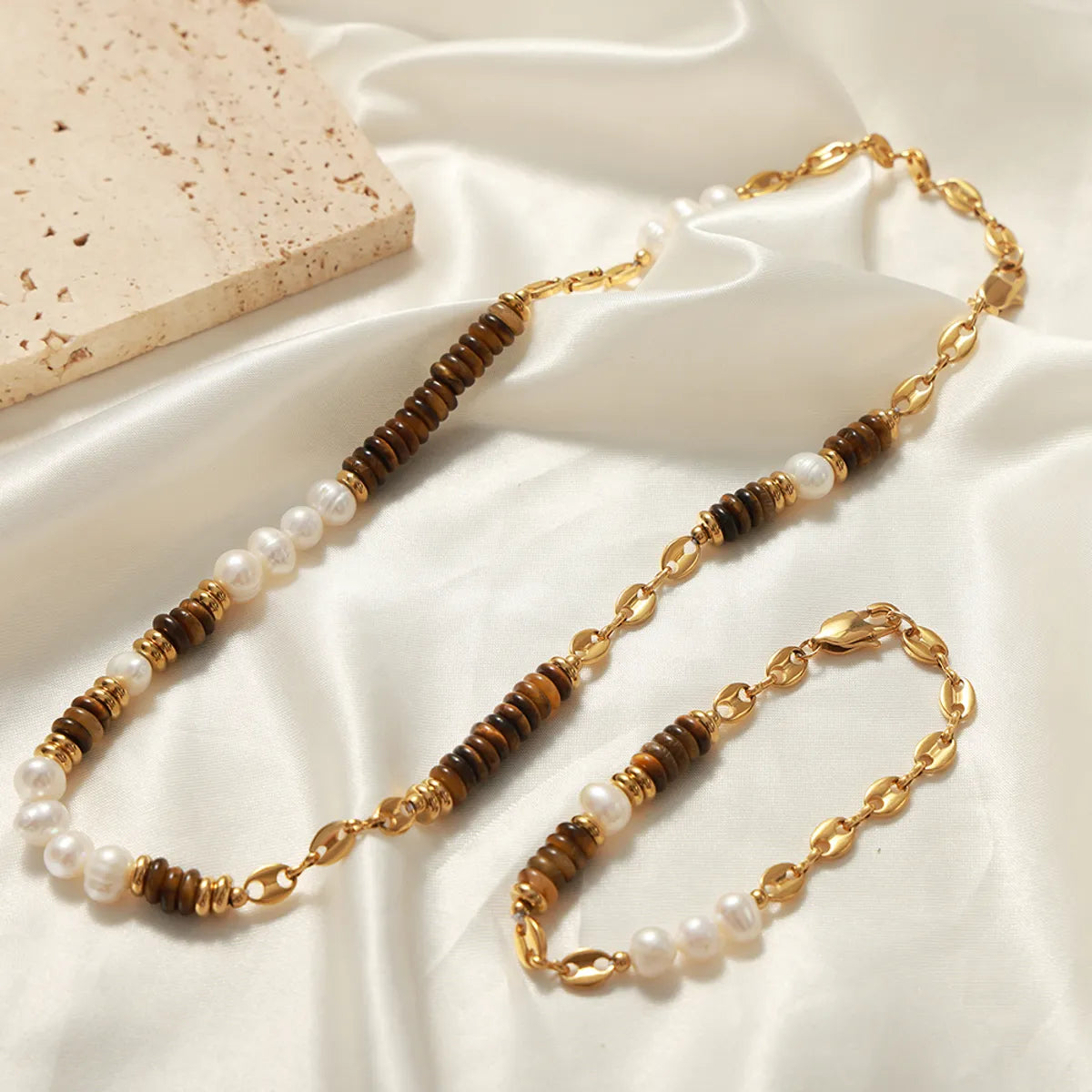 Elegant Vacation Color Block Freshwater Pearl Tiger Eye Titanium Steel Beaded Patchwork Plating 18k Gold Plated Bracelets Necklace