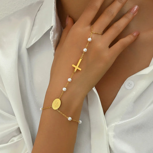 Elegant Vintage Style Human Cross 201 Stainless Steel 18K Gold Plated Bracelets In Bulk