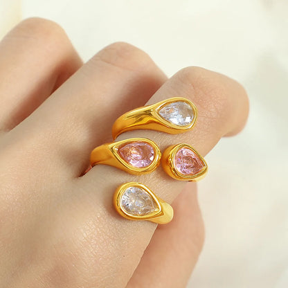 Elegant Vintage Style Luxurious Water Droplets Titanium Steel Plating Metal Inlay Zircon 18k Gold Plated Open Rings