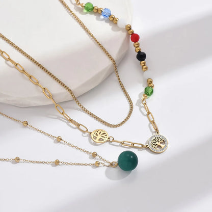 Elegant Vintage Style Round Life Tree Stainless Steel Synthetic Resin Glass Beaded Plating Inlay Zircon 14k Gold Plated Double Layer Necklaces Necklace