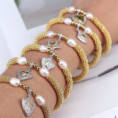 Elegant Vintage Style Star Moon Heart Shape 18K Gold Plated Zircon Artificial Pearl Copper Wholesale Bracelets