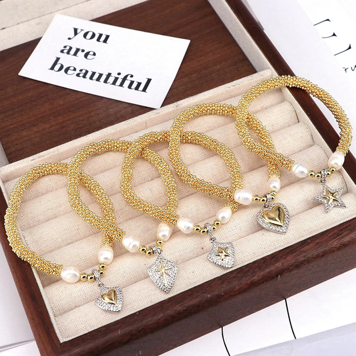 Elegant Vintage Style Star Moon Heart Shape 18K Gold Plated Zircon Artificial Pearl Copper Wholesale Bracelets