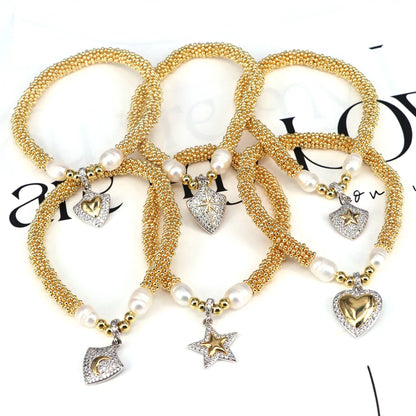 Elegant Vintage Style Star Moon Heart Shape 18K Gold Plated Zircon Artificial Pearl Copper Wholesale Bracelets